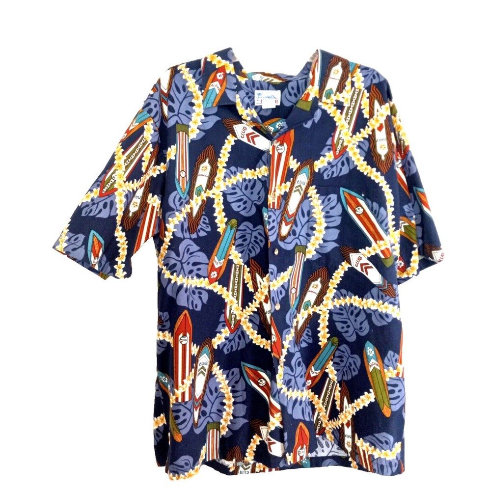 Hawaii Brand Mens Blue Surfboard Hawaiian Shirt Made in USA Size 2XL